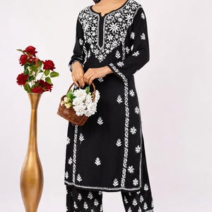 Hand Embroidered Chikankari Co-Ord Set | Black Rayon Kurta Set | Indian Ethnic Wear