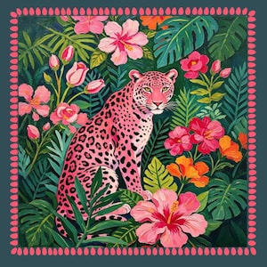 May include: A square art print featuring a pink leopard with dark spots sitting amidst a lush tropical jungle. The scene is filled with vibrant pink and orange hibiscus flowers and deep green palm leaves, all enclosed by a decorative pink border.