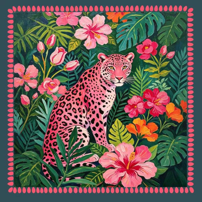 May include: A square art print featuring a pink leopard with dark spots sitting amidst a lush tropical jungle. The scene is filled with vibrant pink and orange hibiscus flowers and deep green palm leaves, all enclosed by a decorative pink border.