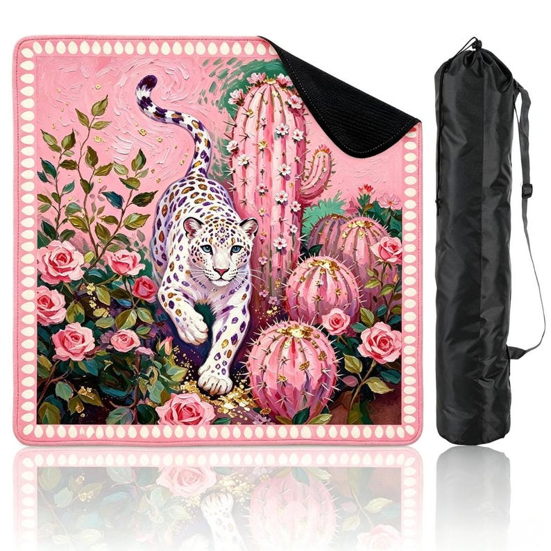 Preppy Leopard Mahjong Mat with Storage Bag, Table Game Mat, Floral Tropical Game Night Tile Table Mat Gift for Players or Hosts 31.5"x31.5" Pink