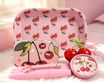 6pcs Cherry Rolling Tray Set, Cute Pink Rolling Tray & Grinder Kit with Multiple Accessories | Ideal Gifts for Her