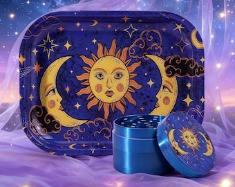 Celestial Blue Smoking Set - Rolling Tray & Grinder Kit, Ideal for Christmas Gifts, Easy to Carry, Artwork gift for her