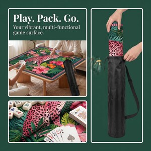Preppy Leopard Mahjong Mat with Storage Bag, Table Game Mat, Floral Tropical Game Night Tile Table Mat Gift for Players or Hosts 31.5"x31.5" image 2