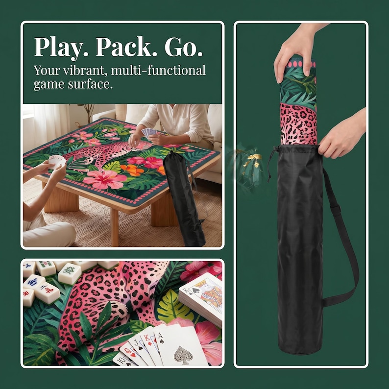 Preppy Leopard Mahjong Mat with Storage Bag, Table Game Mat, Floral Tropical Game Night Tile Table Mat Gift for Players or Hosts 31.5"x31.5" image 2