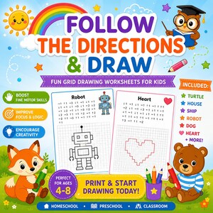 Follow Directions Drawing Worksheets for Kids | Grid Drawing Printable PDF | Fine Motor Skills Activity | Preschool Learning | Homeschool