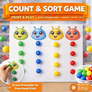 Tel- en sorteerspel om af te drukken | Montessori leerspel voor kinderen | Kleuren leren | Kleuteractiviteit | Thuisonderwijs | Speelgoed voor fijne motoriek