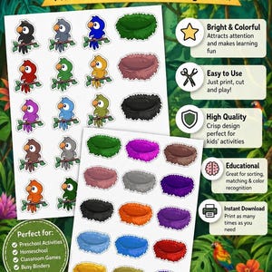 Könnte beinhalten: Bunte Papagei & Nest Aufkleber zum Ausdrucken für Lernen & Spaß. Die Aufkleber zeigen farbenfrohe Papageien und Nester. Ideal für Vorschulaktivitäten, Homeschooling, Klassenzimmer-Spiele und DIY-Projekte.