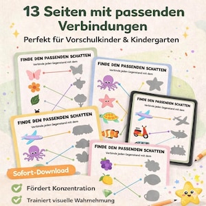 May include: A set of educational cards for preschool and kindergarten children. The cards feature colorful illustrations of objects and their corresponding shadows, with the text "Find the matching shadow". The cards are designed to promote concentration and visual perception.