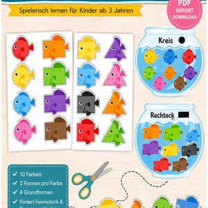 Könnte beinhalten: Lehrreiches Druckmaterial mit bunten Fischen in verschiedenen Formen, darunter Kreise, Quadrate und Dreiecke. Das Bild enthält den Text "FORMEN & FARBEN" und "Ausschneiden & Zuordnen", konzipiert für Kinder ab 3 Jahren. Enthält Scheren und Fischglas-Illustrationen.