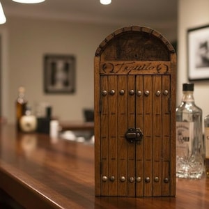 May include: A wooden tequila display case with the word "Tequila" carved on the top. The case has a door with metal studs and a latch. The case is on a wooden bar with bottles and a glass.
