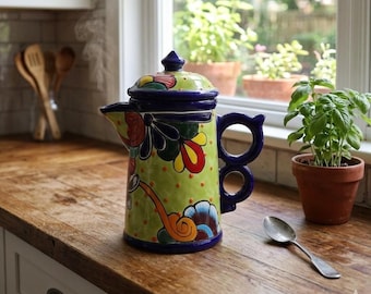 Talavera Coffee Pot: Hand Painted Mexican Pottery, Floral Kitchen Decor