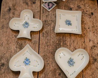 Vintage Hand Painted Milk Glass Card Suit Trays - Set of 4 Beaded Edge Trinket Dishes