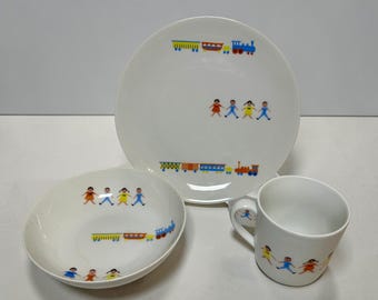 Vintage Arzberg Germany Children's Dishes Set, Train Playground Pattern Porcelain Mug Bowl Plate