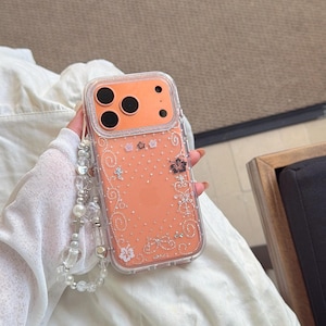 Genomskinligt telefonskal med strass-hibiskus och pärlberlock, kokett kawaii Y2K-skal för iPhone 17 16 15 14 13 Pro Max, present!!