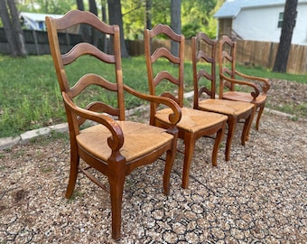 Set of 4 French Country Ladder Back Dining Chairs | Solid Maple Rush Seats | 2 Armchairs 2 Side Chairs | Farmhouse Dining