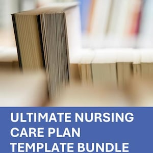 May include: A stack of books with visible pages, set against a blurred background of more books. The cover of the front book is black. Text on a blue background reads "ULTIMATE NURSING CARE PLAN TEMPLATE BUNDLE".
