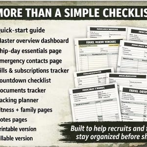 May include: A checklist titled "MORE THAN A SIMPLE CHECKLIST" with a camouflage background. The checklist includes a quick-start guide, emergency contacts, and packing planner. The text "Built to help recruits and families stay organized before ship day" is also visible.