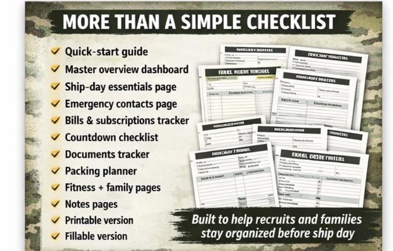 May include: A checklist titled "MORE THAN A SIMPLE CHECKLIST" with a camouflage background. The checklist includes a quick-start guide, emergency contacts, and packing planner. The text "Built to help recruits and families stay organized before ship day" is also visible.