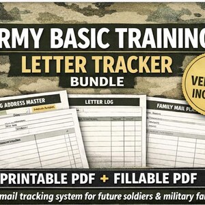 May include: An Army Basic Training Letter Tracker Bundle with the text "Army Basic Training Letter Tracker Bundle" in white and gold. Includes printable and fillable PDF versions. A gold circle reads "2 Versions Included".