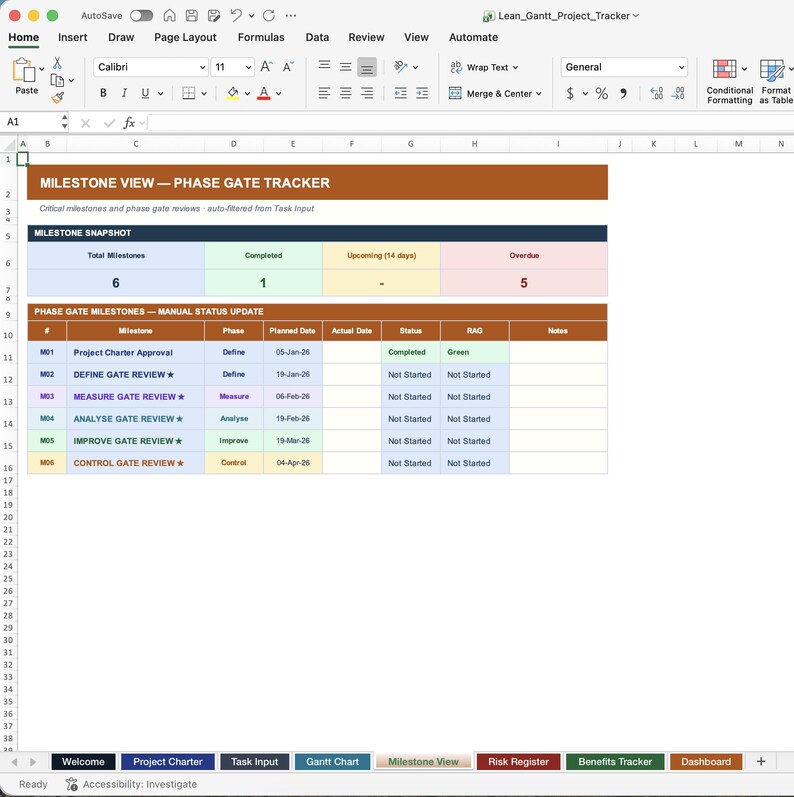 Gantt Chart Excel Template | DMAIC Project Tracker | RAG Status | Phase ...