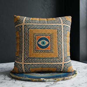 May include: Square decorative pillow with an eye design. The pillow features a mustard yellow background with a blue and cream-colored geometric pattern. The center of the pillow has a blue eye design with orange accents. The pillow is placed on a blue and gold decorative tray.