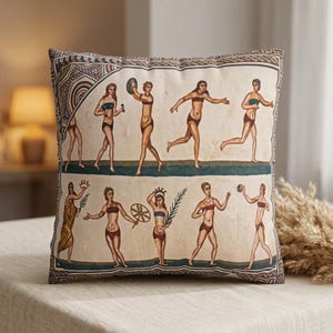 Ancient Roman Mosaic Throw Pillow Cover Classical Olympic Athletes Pillowcase Gladiator Couch Cushion Mediterranean Tile Greek Home Decor