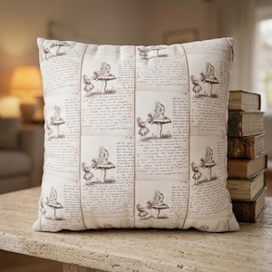 May include: A square throw pillow featuring a repeating grid pattern of vintage-style illustrations and printed text. The design depicts a small figure standing before a large mushroom with a seated creature on top, set against a beige background.