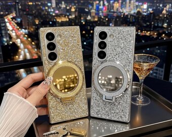 Glitter Mirror Case for Samsung Z Fold 6 Magnetic Ring Stand Shockproof Cover