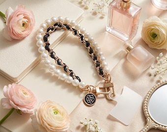 Pulseira para celular com pingente de camélia e pérola, alça de couro anti-perda para celular.
