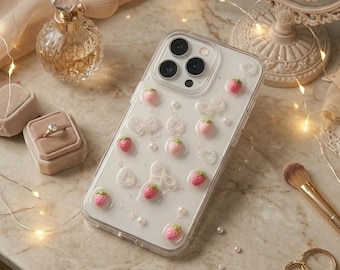 Kawaii Strawberry Glitter iPhone Case, 3D Pearl Bow Sparkle Phone Cover