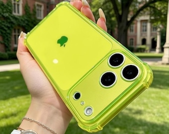 Capa transparente neon à prova de choque para iPhone, proteção de câmera em TPU.