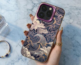 Japanese Waves iPhone Case, Electroplated Silver Shockproof Ocean Art Cover