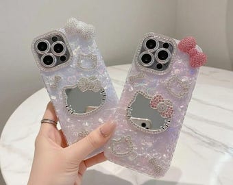 Makeup Mirror 3D Hello Kitty Glitter Phone Case, Cute Sanrio iPhone 17 16 15 14 13 12 Pro Max, Shockproof Hard Cover