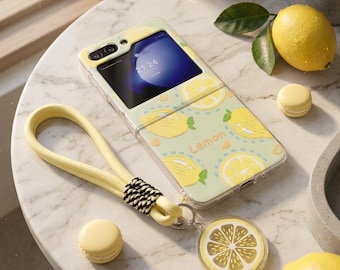 Lemon Cartoon Samsung Z Flip Case with Wrist Chain, Protective Hinge Cover