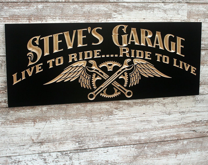 Motorcycle Sign Personalized Garage Sign Man Cave Sign Carved Wood Sign Guy Gift Tool Rules Signs Benchmark Signs LG-B image 2