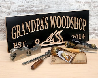 Gifts For Dad Woodworking; Personalized Carpenter Hand Plane Sign; Custom Craftsman Workshop; Carved Wooden Man Cave Decor; SD-B