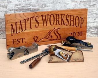 Gifts For Grandpa Woodworking; Personalized Carpenter Hand Plane Sign; Custom Workshop Decor; Carved Wooden Man Cave Display; SD-C