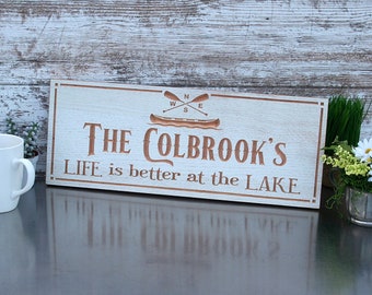 Lake Cabin Gift; Personalized Hunting Lodge Sign with Canoe; Rustic Carved Wooden Plaque; Vacation Home Housewarming Present; TK-K