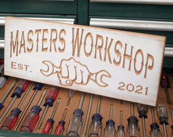 Gifts For Grandpa Workshop Sign; Personalized Garage Hand Wrench Display; Custom Mechanic Decor Art; Carved Wooden Man Cave; FW-K