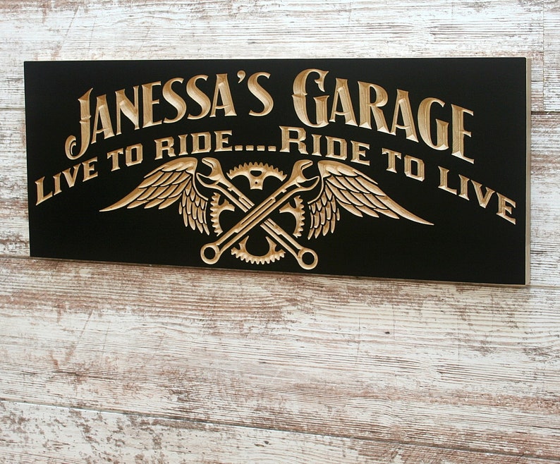 Motorcycle Sign Personalized Garage Sign Man Cave Sign Carved Wood Sign Guy Gift Tool Rules Signs Benchmark Signs LG-B image 3