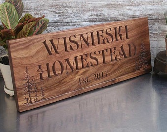 Rustic Pine Tree Cabin Sign; Personalized Family Name Lake House Welcome Plaque; Handcrafted Wooden Carved Decor, Custom Lodge Sign, TL-W