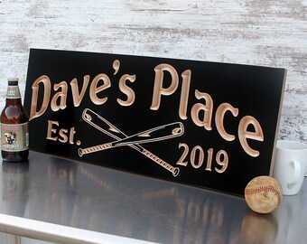 Baseball Gift; Groomsman Present; Carved Wooden Man Cave; Crossed Bats Decor; Vintage Sports Enthusiast Personalized Game Room; BT-B
