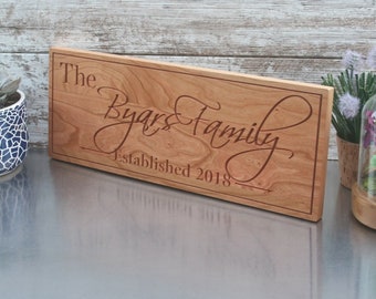 Elegant Wedding Gift: Custom Engraved Wooden Family Name Sign with Established Date - Rustic Home Wall Decor, Personalized Last Name, OG-C