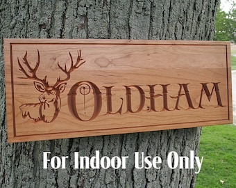 Personalized Lake House Gift; Rustic Deer Cabin Sign; Custom Buck Lodge Decor; Carved Stag Wood Wall Art; Family Name Cottage Plaque; ES-C