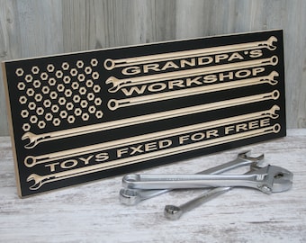 Gifts For Men Wrench Flag Design; Personalized Garage Workshop Sign; Custom Mechanic Tools; Carved Wooden Motorcycle Decor; WR-B