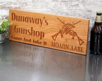 Molon Labe Sign, Gifts For Real Men; Personalized Gun Room Display; Custom Hunter Shooting Decor Art; Carved Wooden Man Cave Plaque; AM2-C