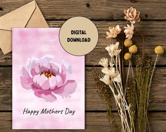 Mothers Day Card Printable, Pink Peony Watercolor Card, DIY 5x7 Floral Greeting Card, Instant Download for Mum