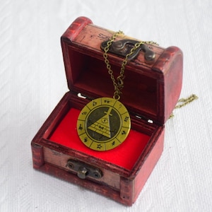 Men's Pyramid Pendant Necklace with Vintage Wooden Box, Bill Cipher Inspired Dipper Cosplay Costume Accessories