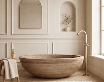 Yellow Travertine Oval Bathtub, Freestanding Natural Stone Soaking Tub