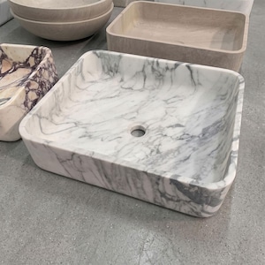 Hand Carved Arabescato Marble Vessel Sink, Rectangular Stone Countertop Wash Basin